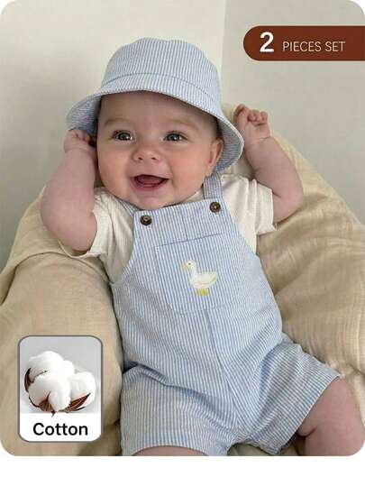 2PCS Baby Duck Striped Sleeveless Romper and Hat Set for Cute Summer Daily Wear