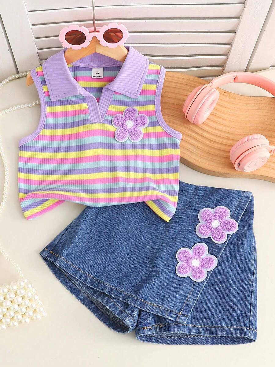 Toddler Girls Textured Knit Vest Top And Denim Skort Flower Embroidered Summer Outfit Set