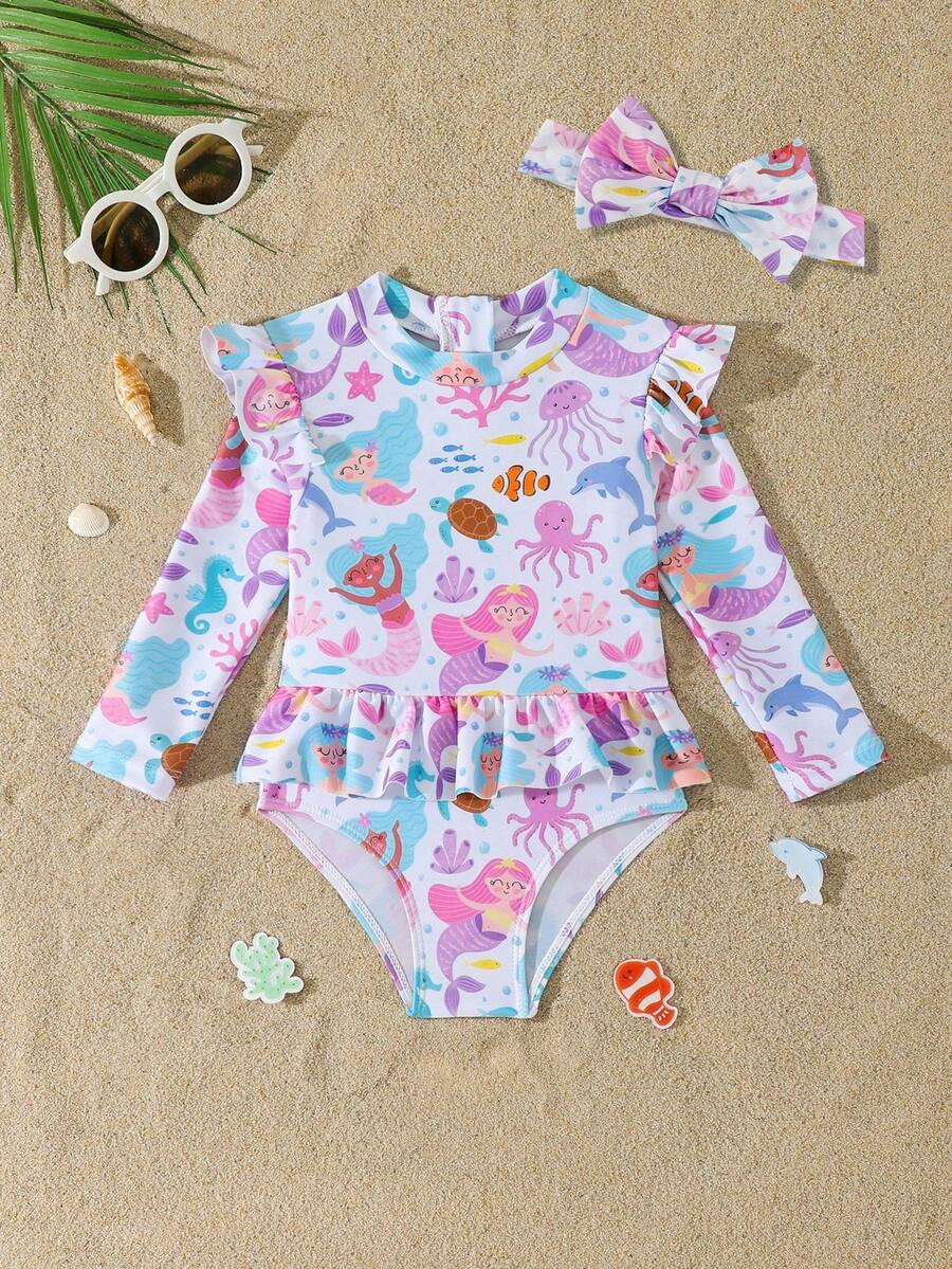 Little Girls Floral Ruffle Swimwear And Matching Headband Summer Vacation Outfit