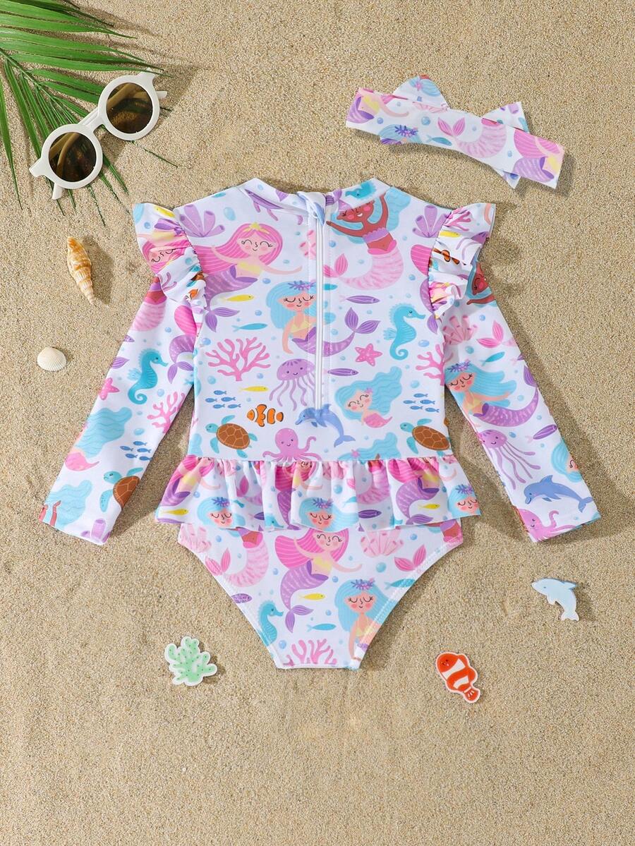 Little Girls Floral Ruffle Swimwear And Matching Headband Summer Vacation Outfit