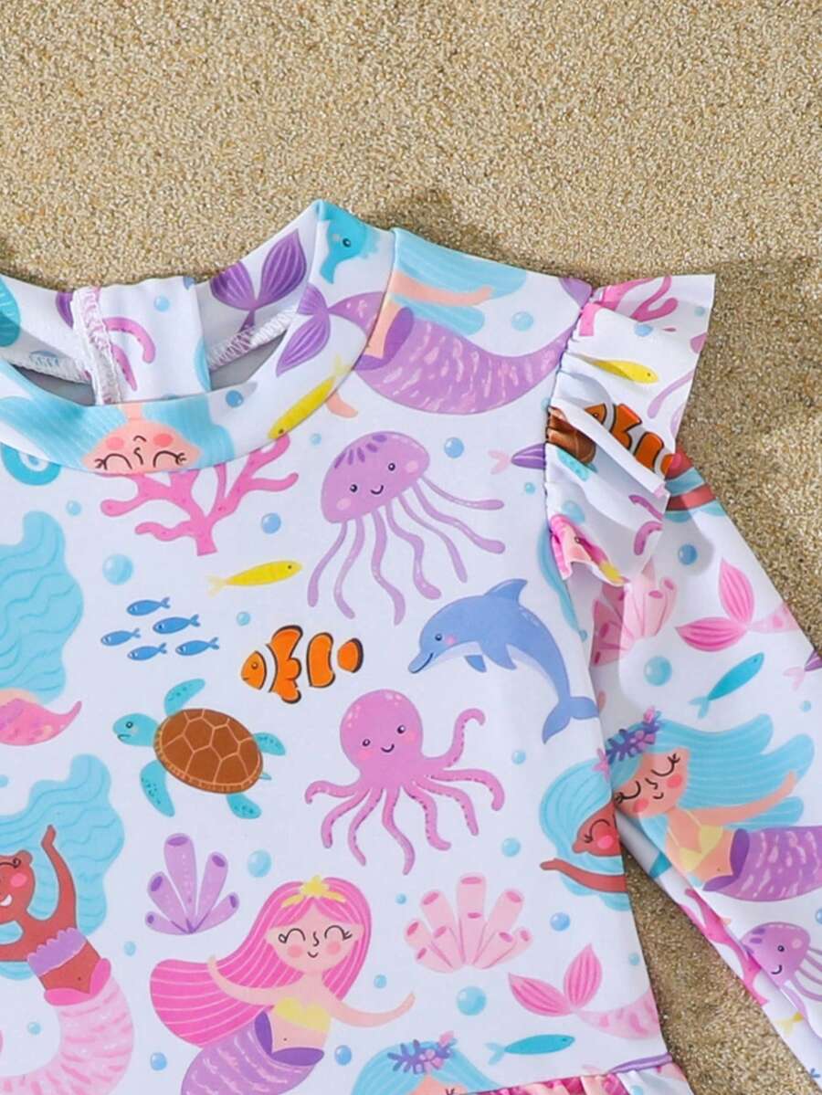 Little Girls Floral Ruffle Swimwear And Matching Headband Summer Vacation Outfit