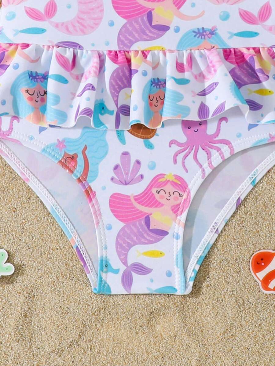 Little Girls Floral Ruffle Swimwear And Matching Headband Summer Vacation Outfit