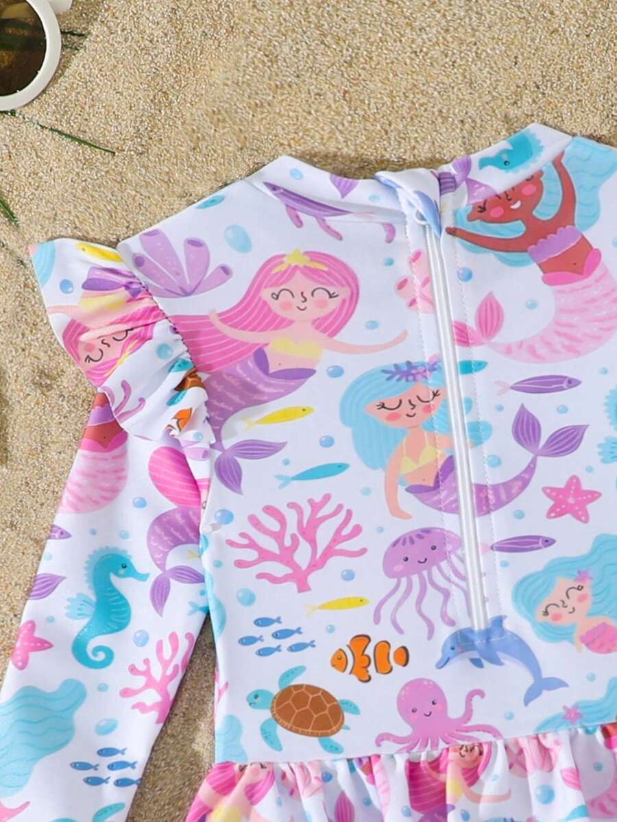 Little Girls Floral Ruffle Swimwear And Matching Headband Summer Vacation Outfit