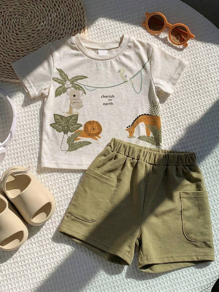 Baby Boy Animal Crayon Print T Shirt and Knitted Shorts 2 Piece Casual Spring Summer Outfit Set