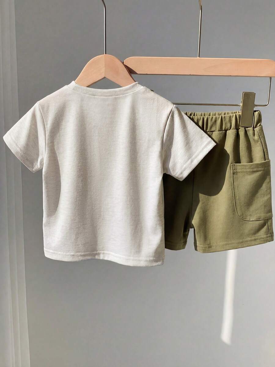 Baby Boy Animal Crayon Print T Shirt and Knitted Shorts 2 Piece Casual Spring Summer Outfit Set