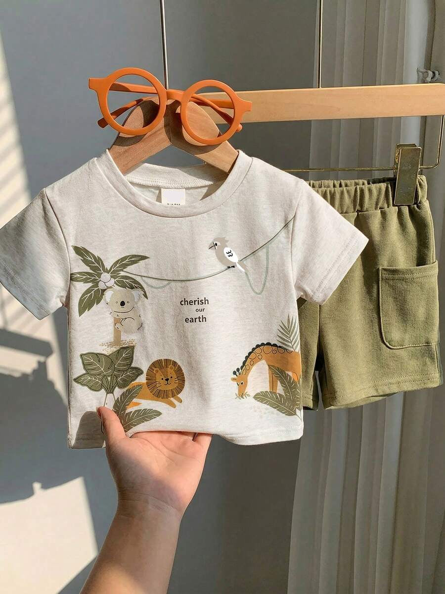 Baby Boy Animal Crayon Print T Shirt and Knitted Shorts 2 Piece Casual Spring Summer Outfit Set