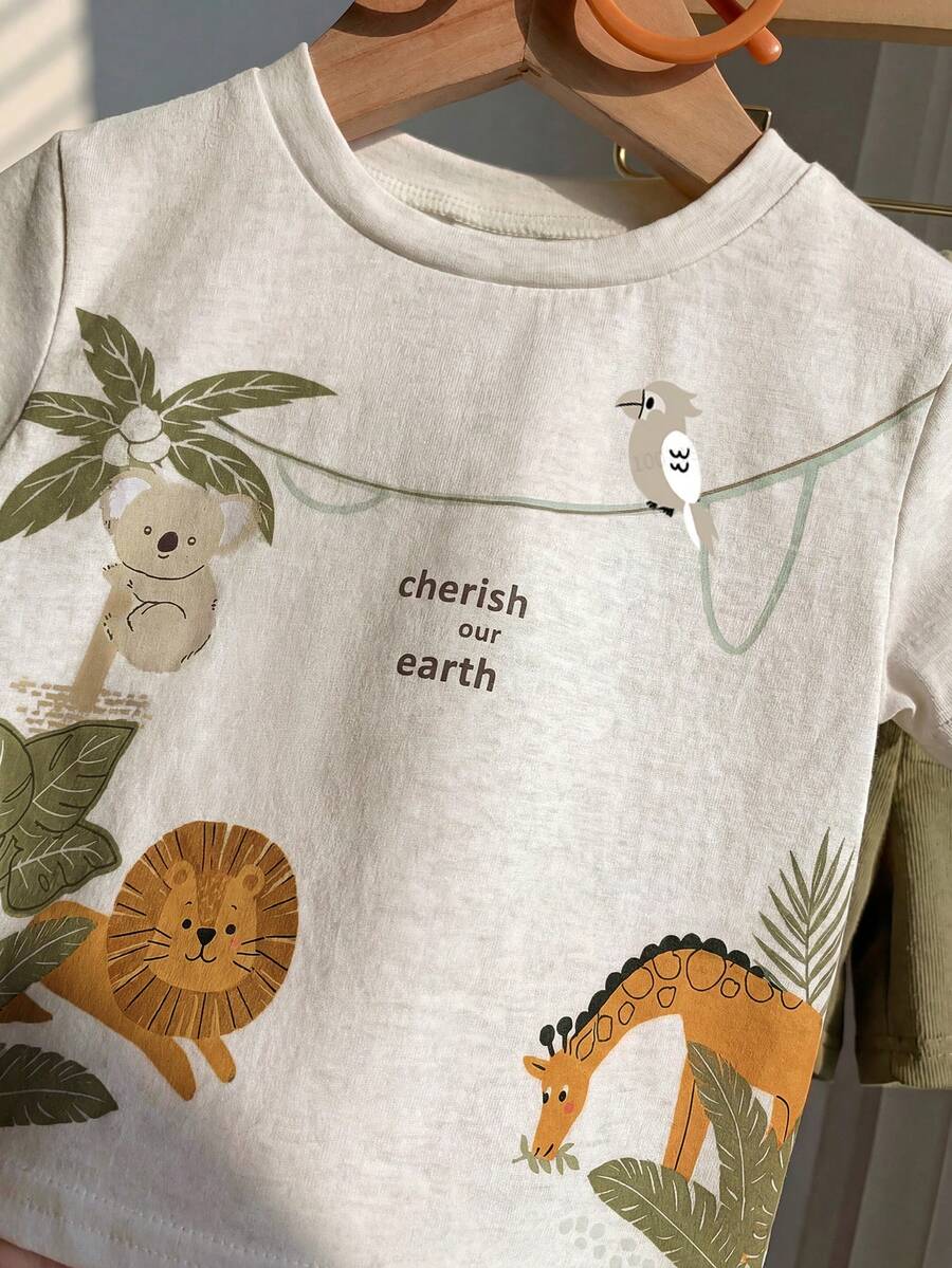 Baby Boy Animal Crayon Print T Shirt and Knitted Shorts 2 Piece Casual Spring Summer Outfit Set