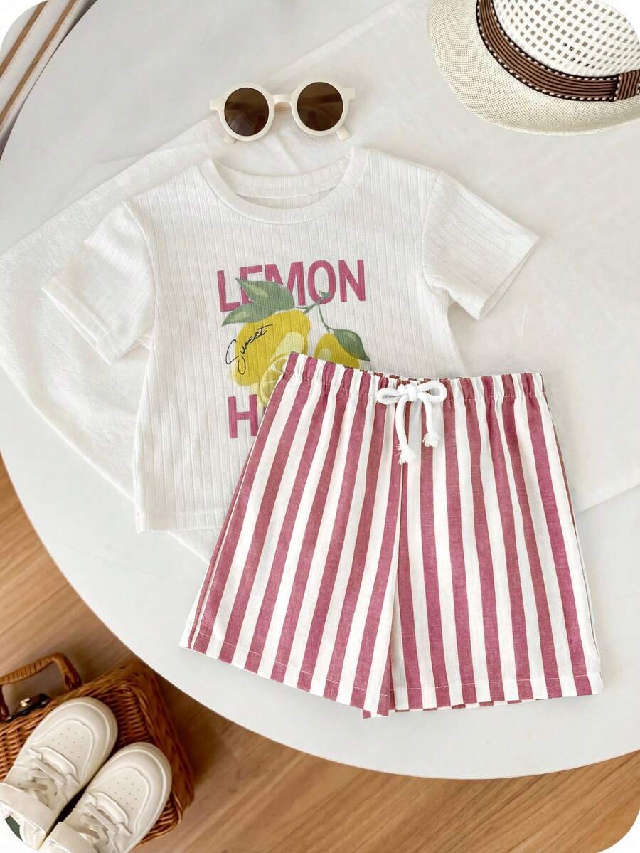 Baby Boy Animal Crayon Print T Shirt and Knitted Shorts 2 Piece Casual Spring Summer Outfit Set
