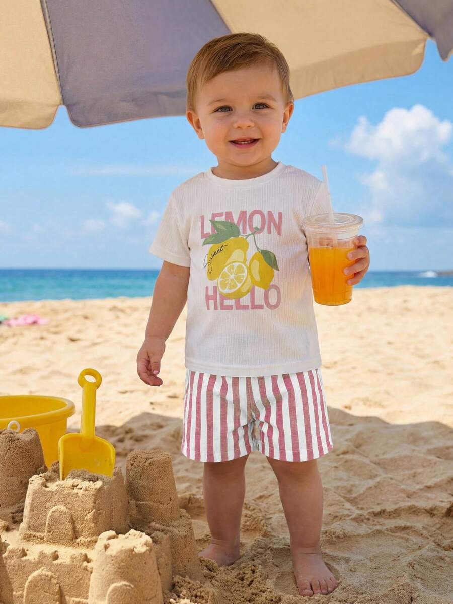 Baby Boy Animal Crayon Print T Shirt and Knitted Shorts 2 Piece Casual Spring Summer Outfit Set