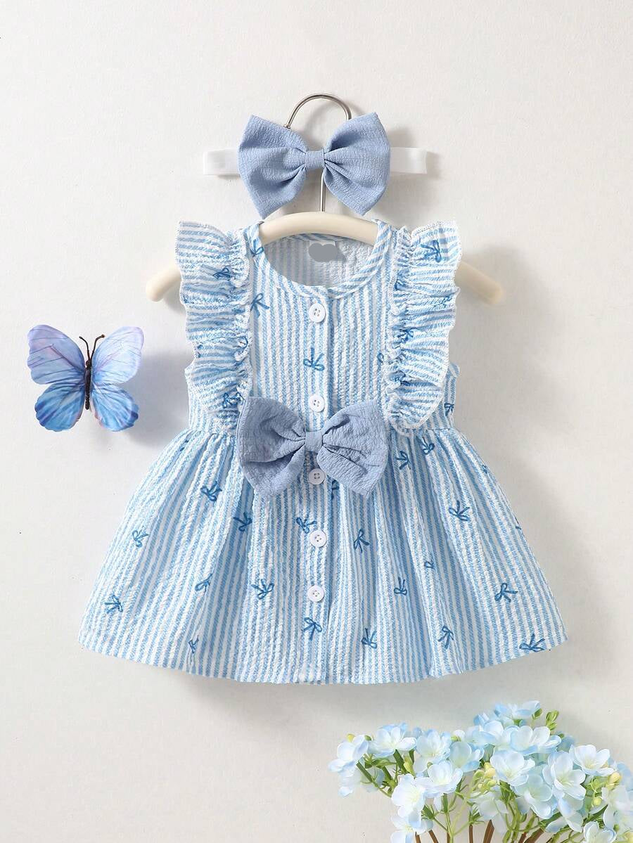 2PCS Baby Watercolor Floral Dress and Hairband Set for Cute Summer Outings