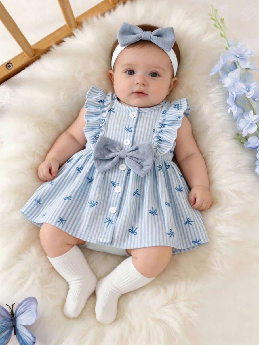 2PCS Baby Watercolor Floral Dress and Hairband Set for Cute Summer Outings