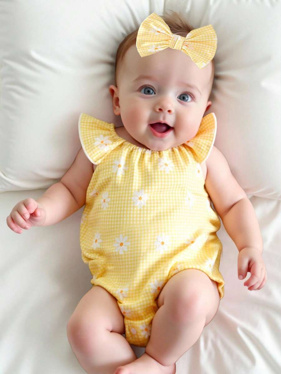 Lemon Print Ruffle Trim Bodysuit and Headband Set for Cute Summer Daily Wear