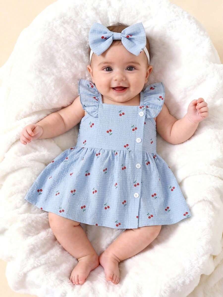 2PCS Baby Watercolor Floral Dress and Hairband Set for Cute Summer Outings