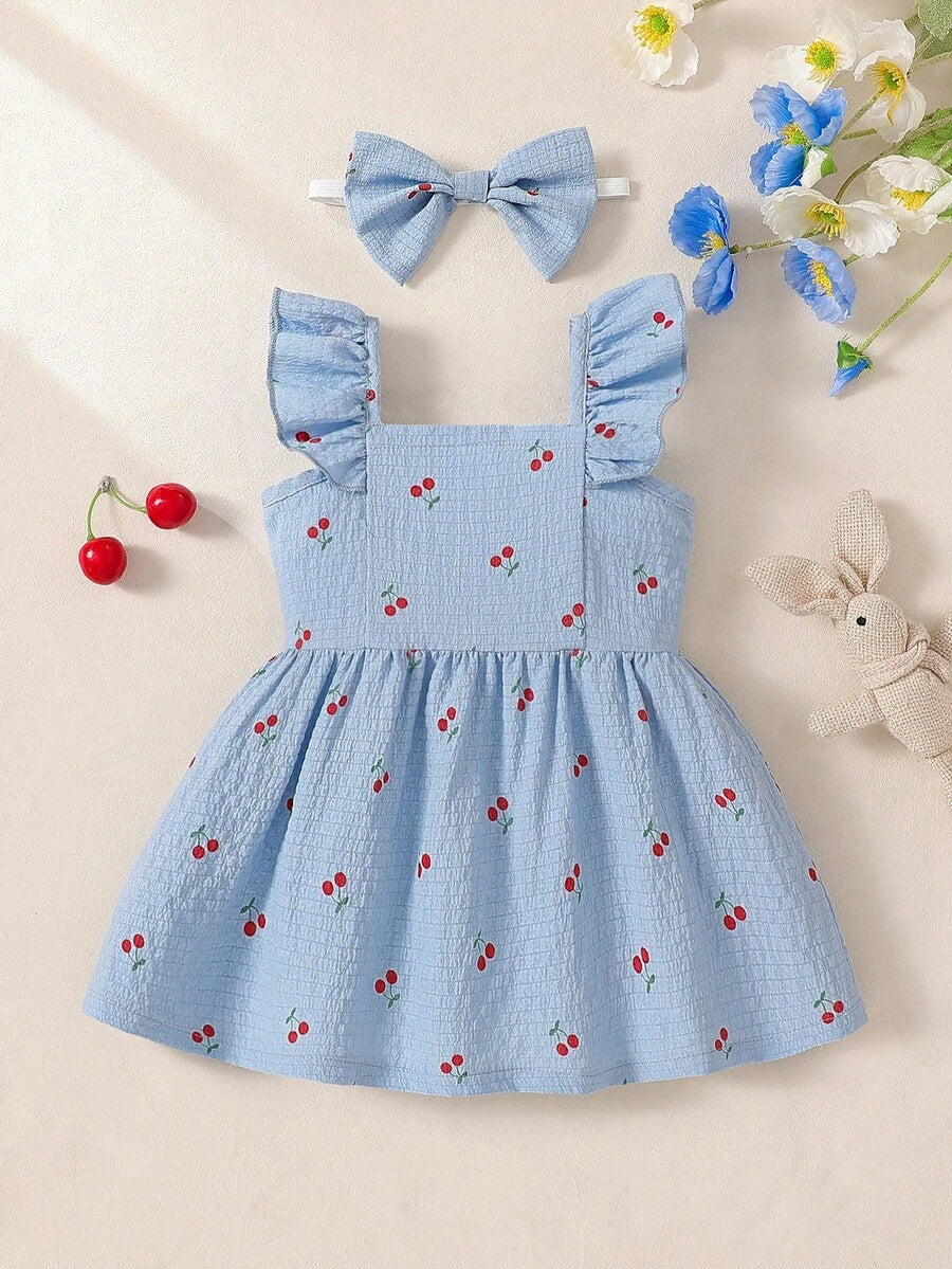 2PCS Baby Watercolor Floral Dress and Hairband Set for Cute Summer Outings