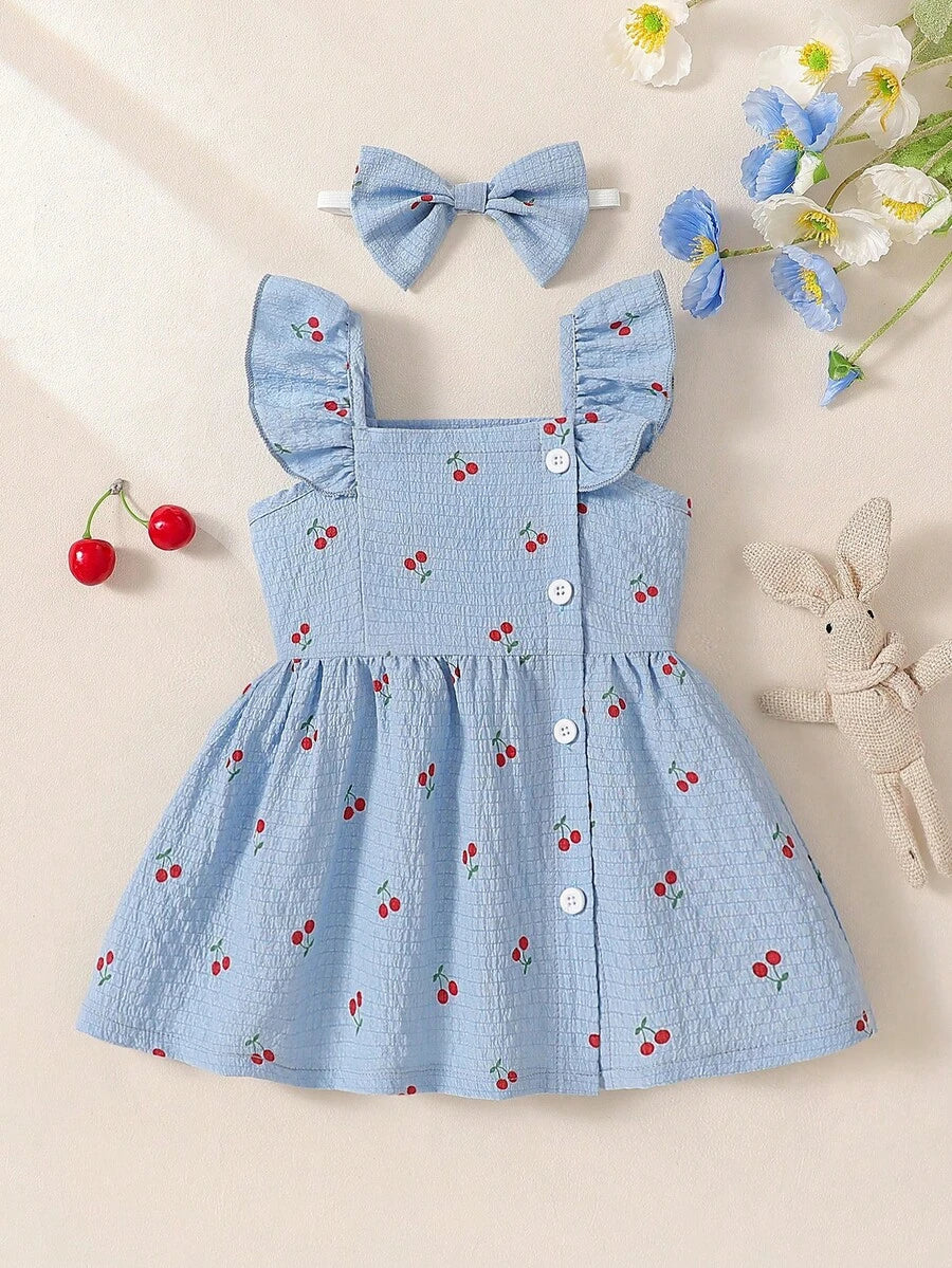 2PCS Baby Watercolor Floral Dress and Hairband Set for Cute Summer Outings