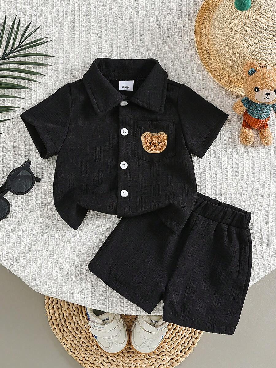 2-Piece Baby Boy Textured Bear Embroidery Shirt and Shorts Set