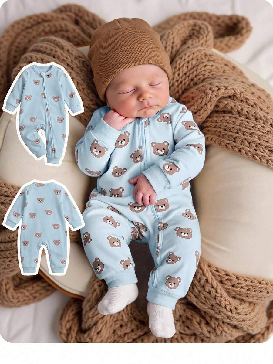 Cute Cartoon Bear Print Baby Zipper Romper for Newborn Boys and Girls