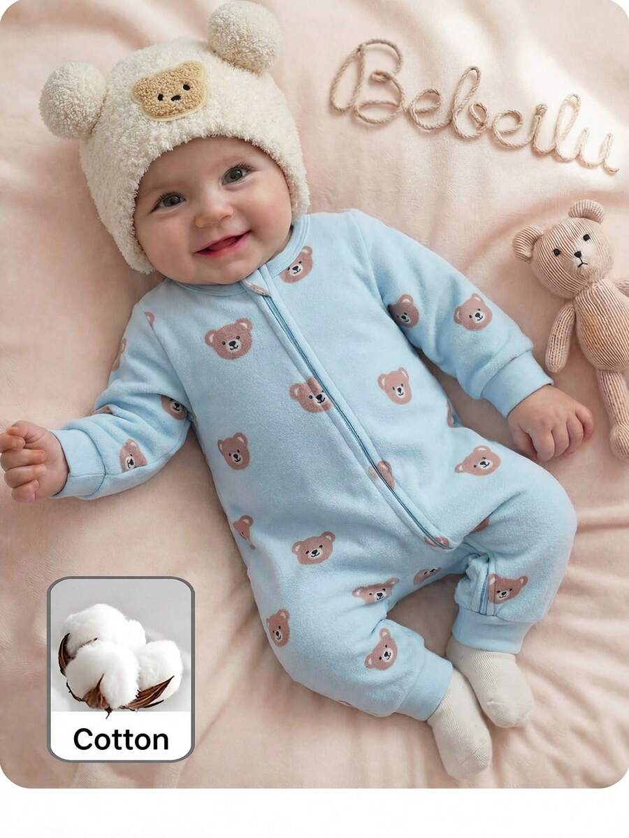 Cute Cartoon Bear Print Baby Zipper Romper for Newborn Boys and Girls