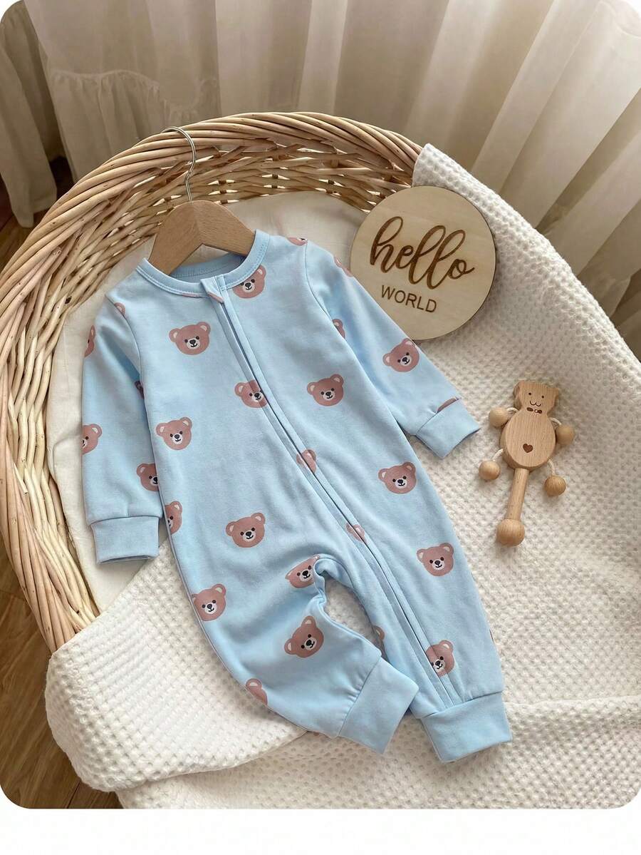 Cute Cartoon Bear Print Baby Zipper Romper for Newborn Boys and Girls