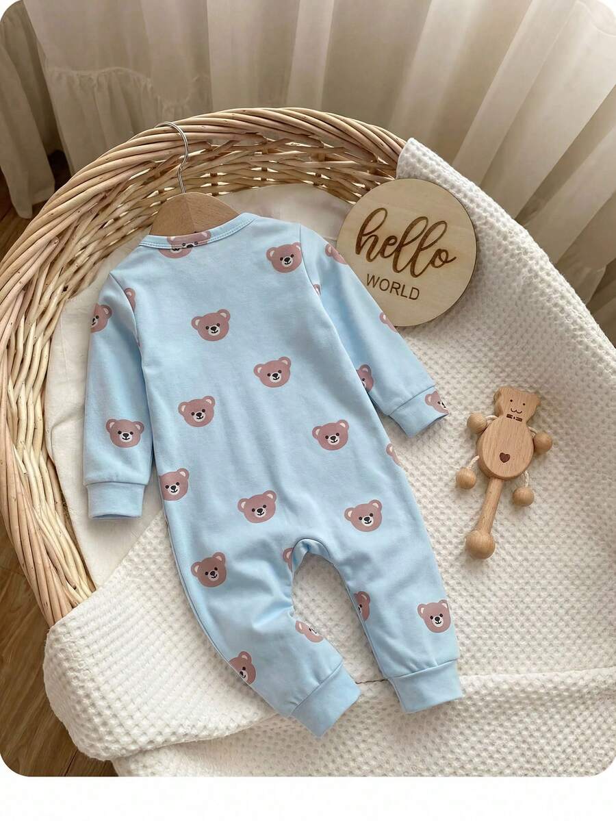 Cute Cartoon Bear Print Baby Zipper Romper for Newborn Boys and Girls