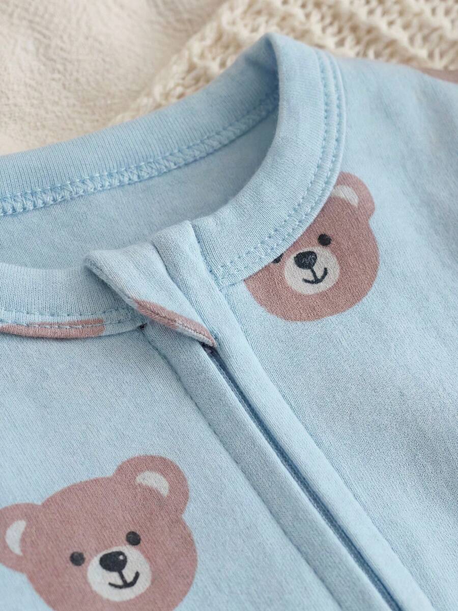 Cute Cartoon Bear Print Baby Zipper Romper for Newborn Boys and Girls