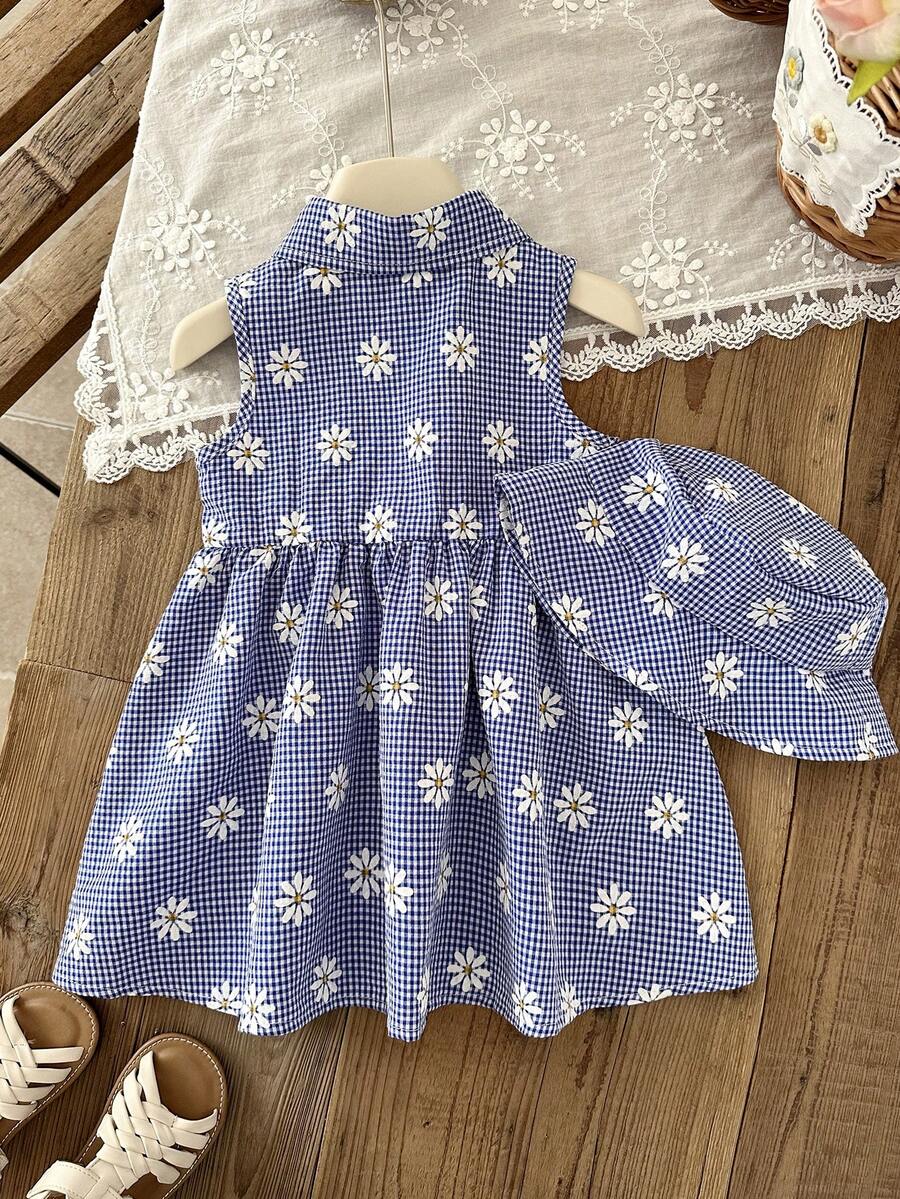 Kids Floral Print A-Line Dress With Bucket Hat Cute Summer Outing Clothing Set