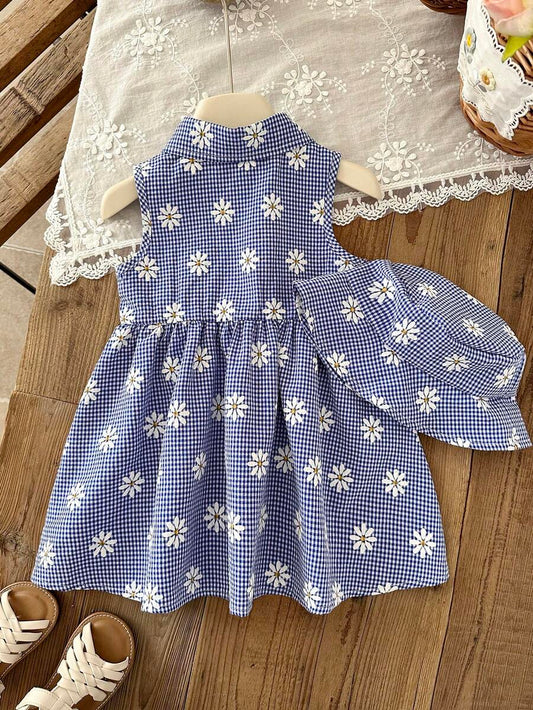 Kids Floral Print A-Line Dress With Bucket Hat Cute Summer Outing Clothing Set