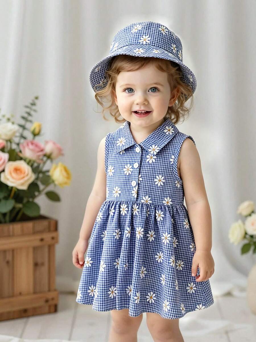 Kids Floral Print A-Line Dress With Bucket Hat Cute Summer Outing Clothing Set