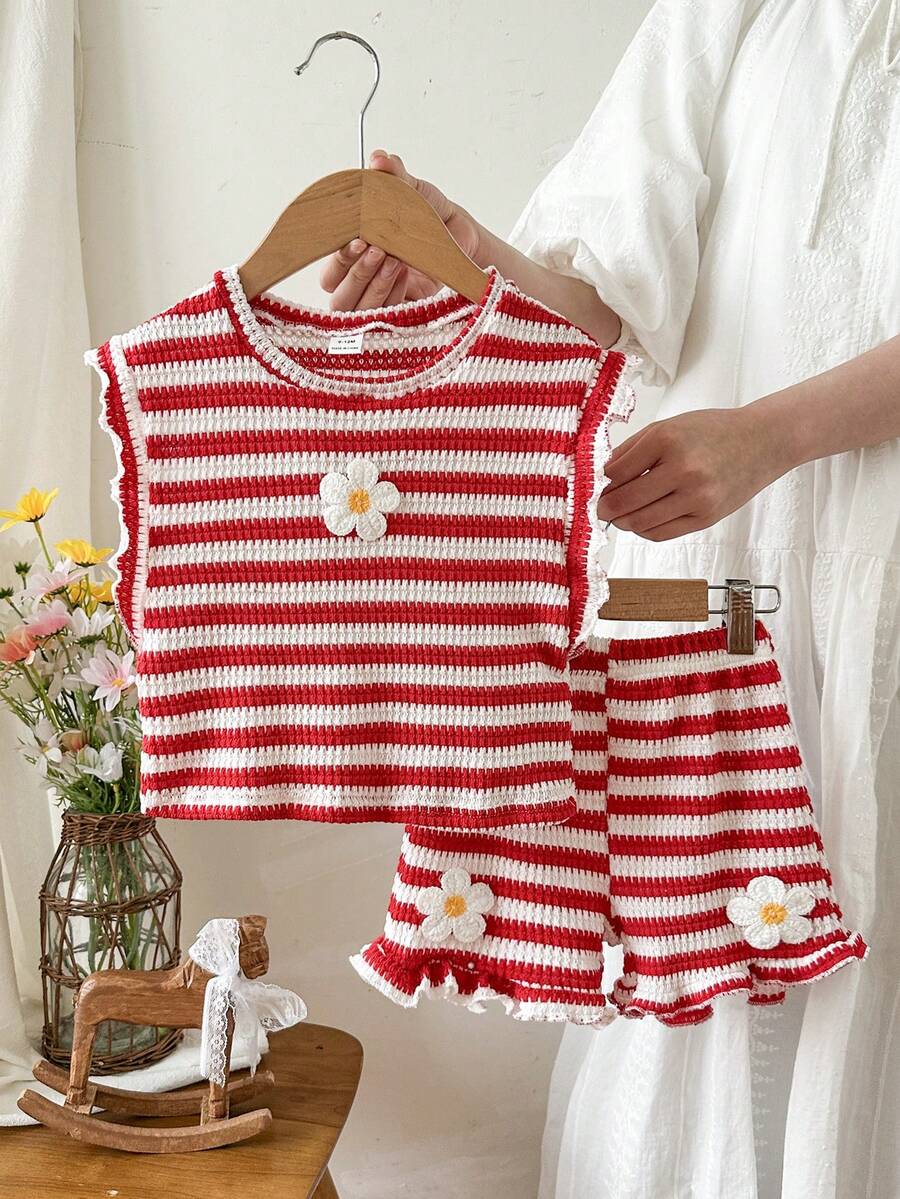 Cute Ruffle Sleeve Outfit Set For Little Girls Colorful Striped Clothing