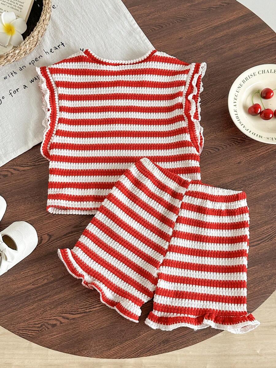 Cute Ruffle Sleeve Outfit Set For Little Girls Colorful Striped Clothing