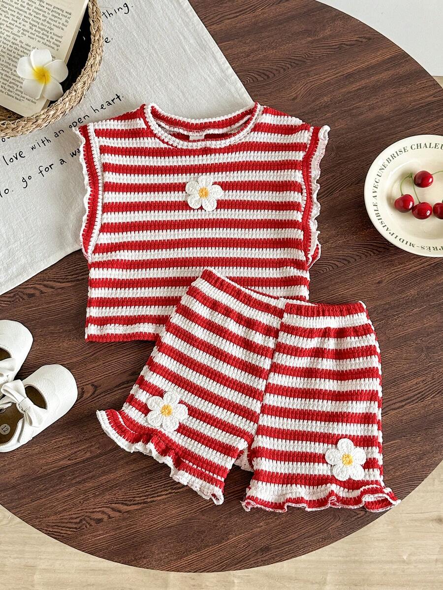 Cute Ruffle Sleeve Outfit Set For Little Girls Colorful Striped Clothing