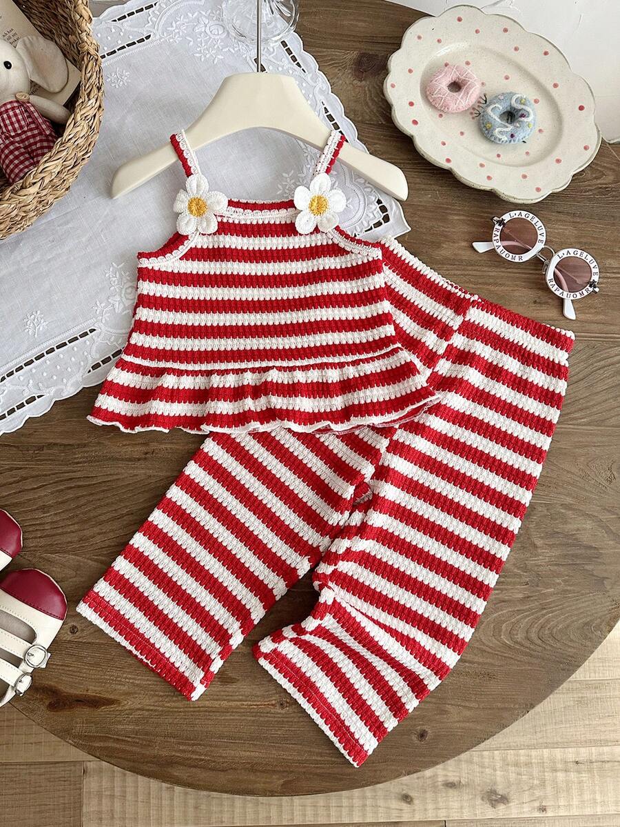 Delicate Strap Top And Solid Pants Set For Toddler Girls Casual Outfit