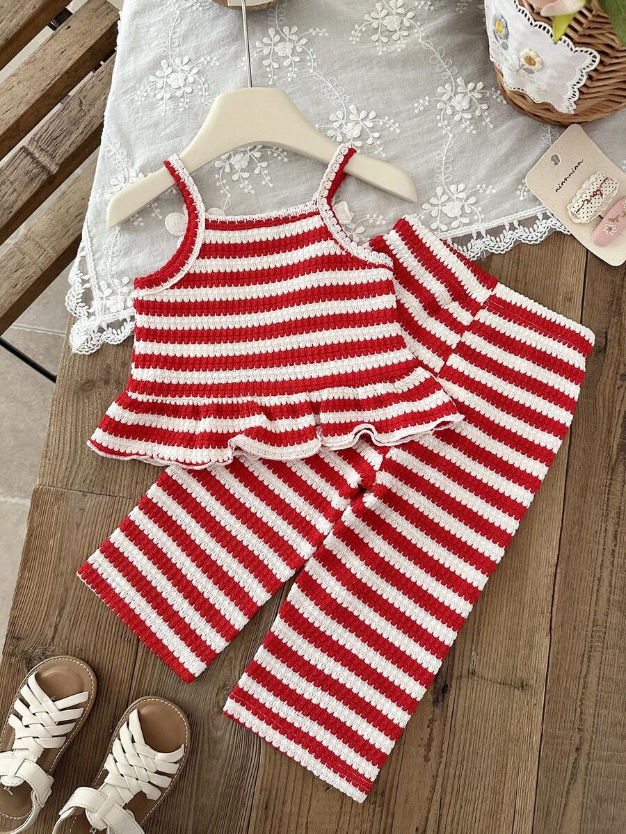 Delicate Strap Top And Solid Pants Set For Toddler Girls Casual Outfit