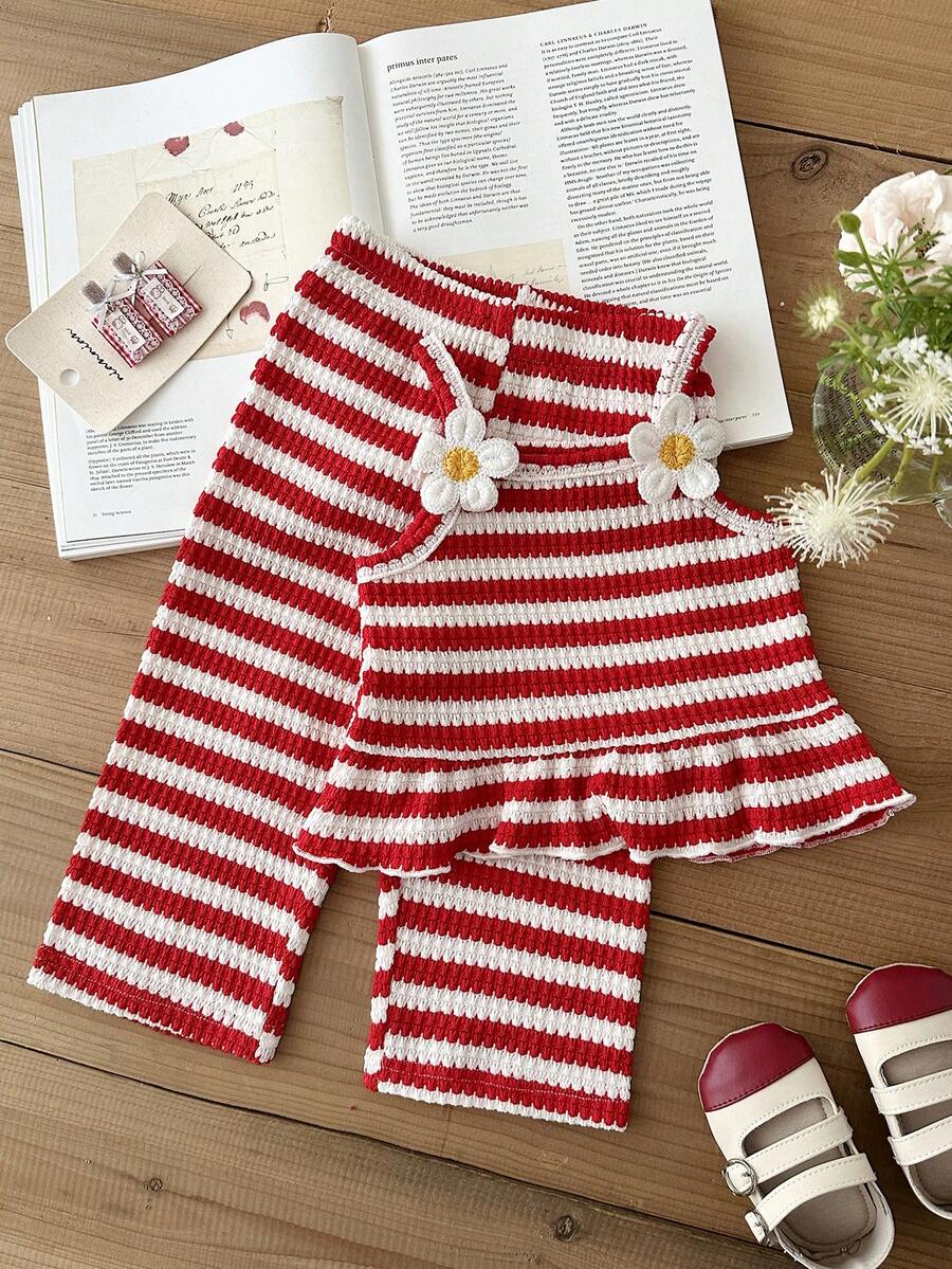 Delicate Strap Top And Solid Pants Set For Toddler Girls Casual Outfit