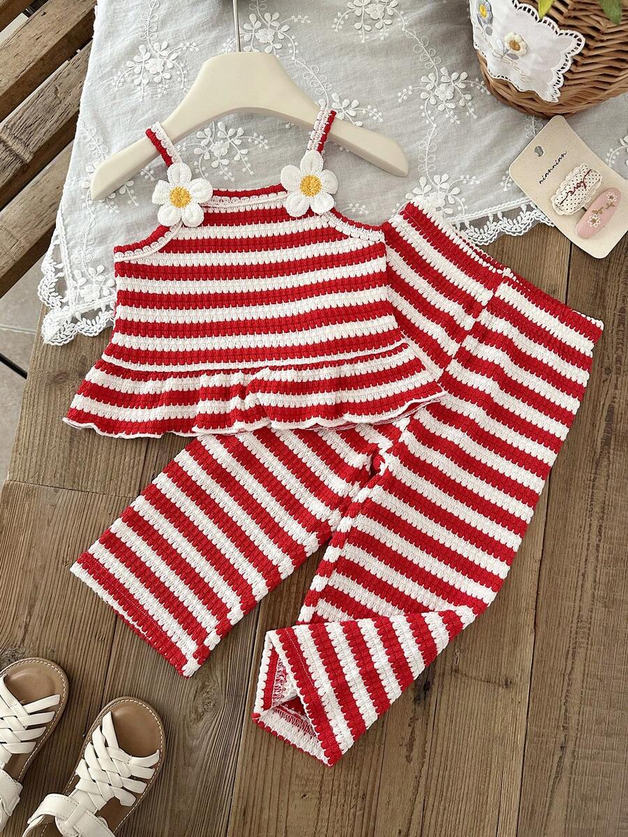 Delicate Strap Top And Solid Pants Set For Toddler Girls Casual Outfit