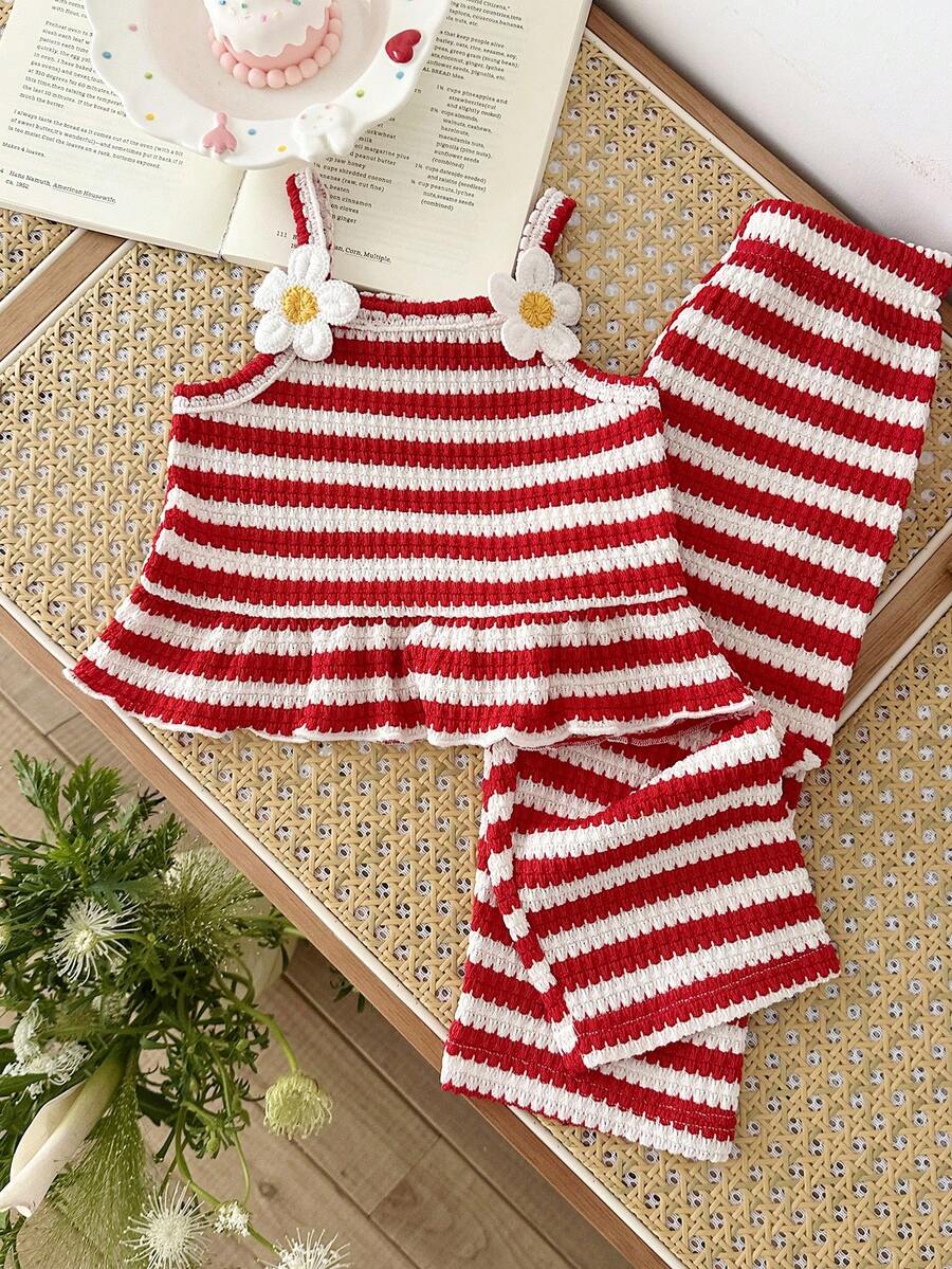 Delicate Strap Top And Solid Pants Set For Toddler Girls Casual Outfit