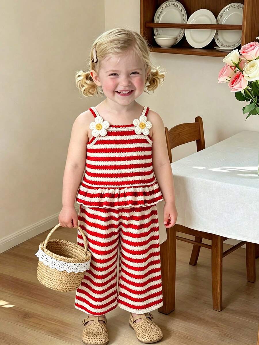 Delicate Strap Top And Solid Pants Set For Toddler Girls Casual Outfit