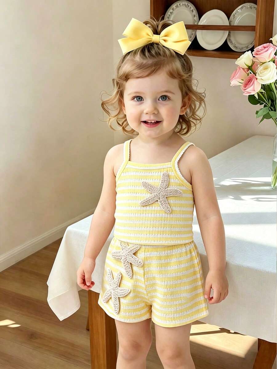 Striped Knit Camisole And Shorts Set For Baby Girls Summer Vacation Wear