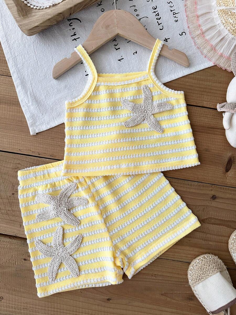Striped Knit Camisole And Shorts Set For Baby Girls Summer Vacation Wear