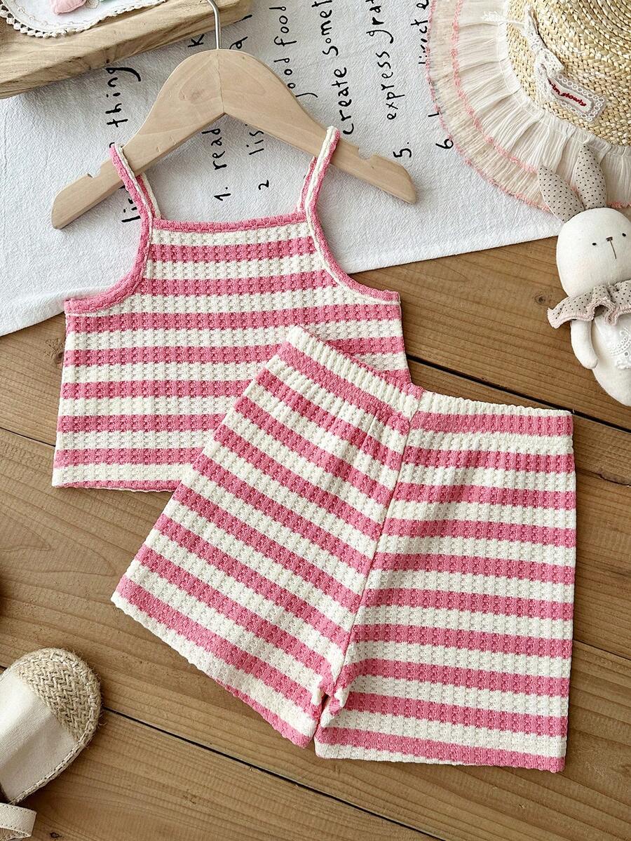 Striped Knit Camisole And Shorts Set For Baby Girls Summer Vacation Wear