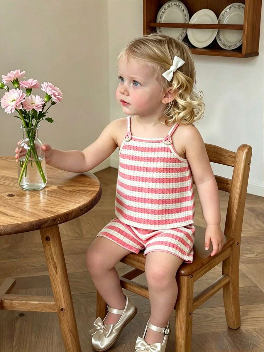 Striped Knit Camisole And Shorts Set For Baby Girls Summer Vacation Wear