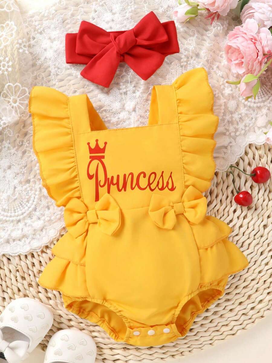 Baby Girl Crown And Letter Print Dress With Headband Cute Summer Outfit