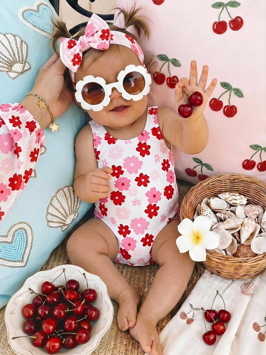 Baby Cherry Print Striped One-Piece Swimsuit for Summer Beach and Vacation Wear