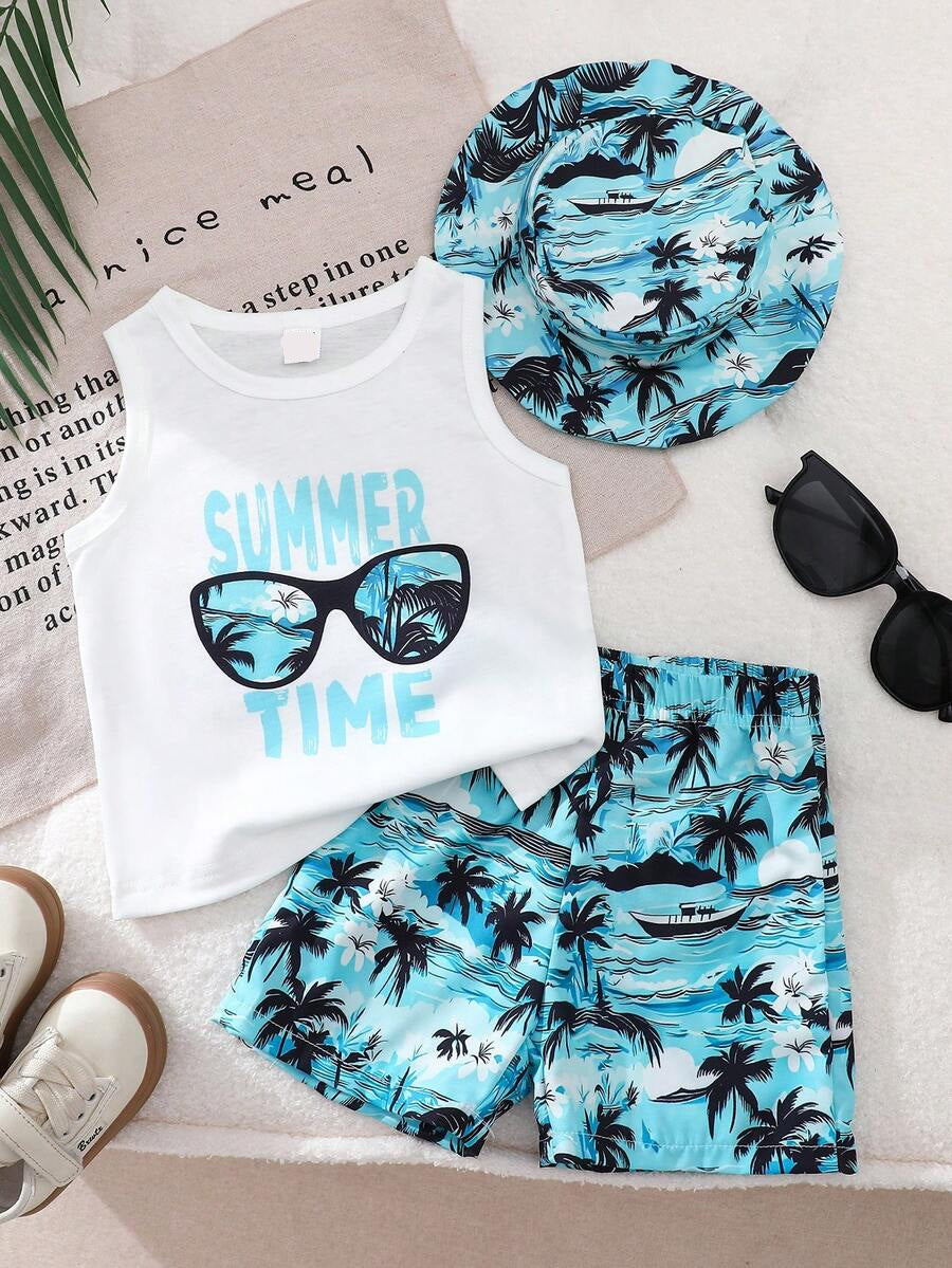 Baby Boy Letter Print Top Coconut Tree Print Shorts and Hat 3 Piece Summer Beach Vacation Outfit Set