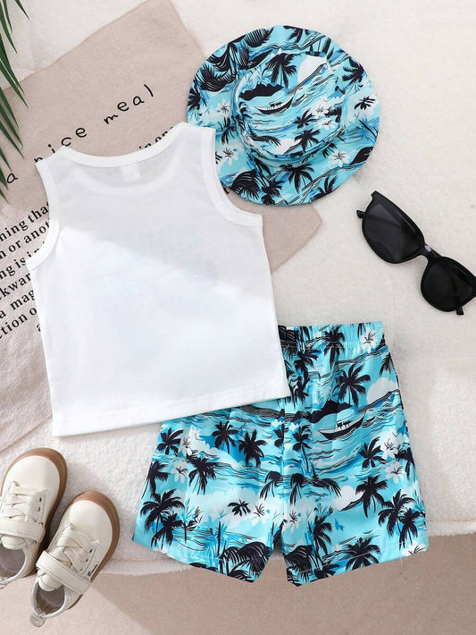Baby Boy Letter Print Top Coconut Tree Print Shorts and Hat 3 Piece Summer Beach Vacation Outfit Set
