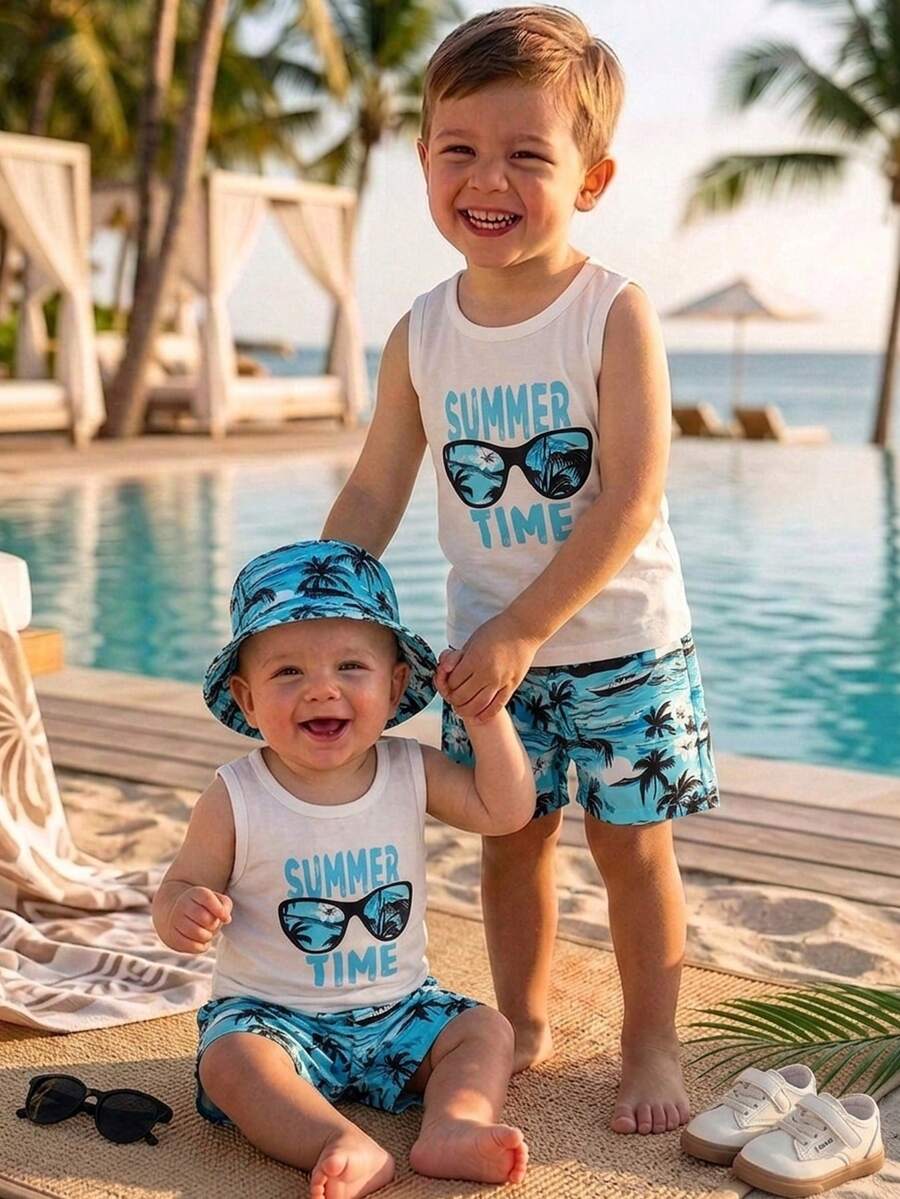 Baby Boy Letter Print Top Coconut Tree Print Shorts and Hat 3 Piece Summer Beach Vacation Outfit Set