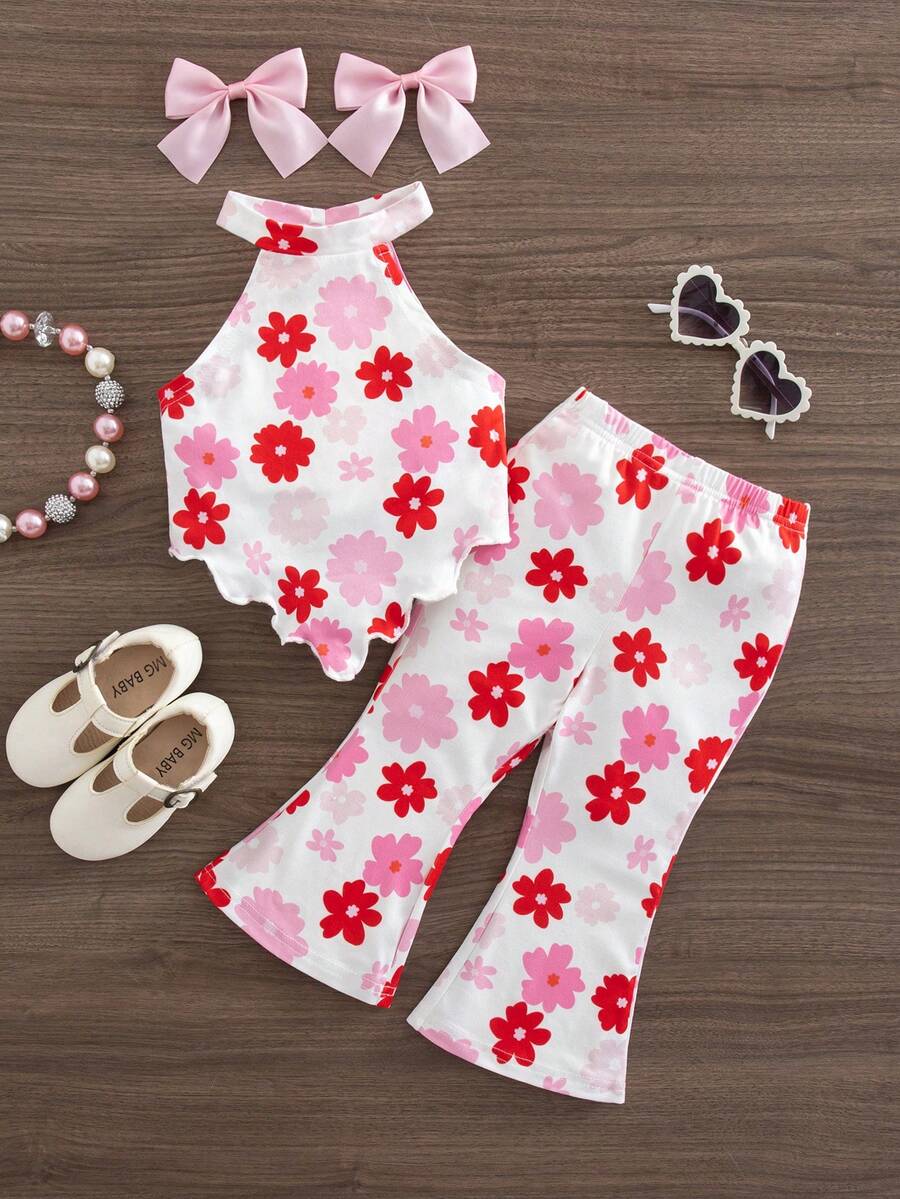 Heart Pattern Halter Top And Flared Pants Set For Baby Girls Valentine Outfit
