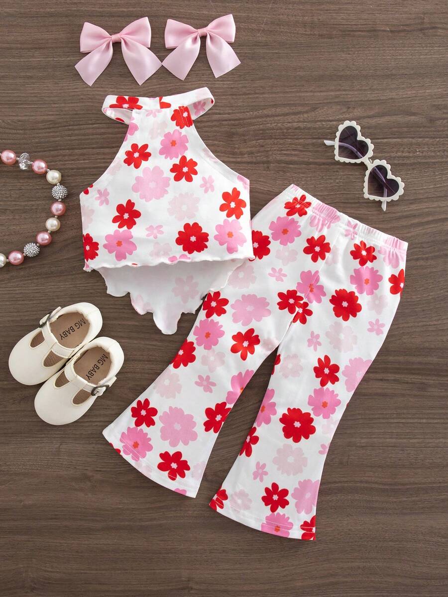 Heart Pattern Halter Top And Flared Pants Set For Baby Girls Valentine Outfit