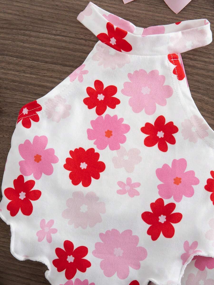 Heart Pattern Halter Top And Flared Pants Set For Baby Girls Valentine Outfit