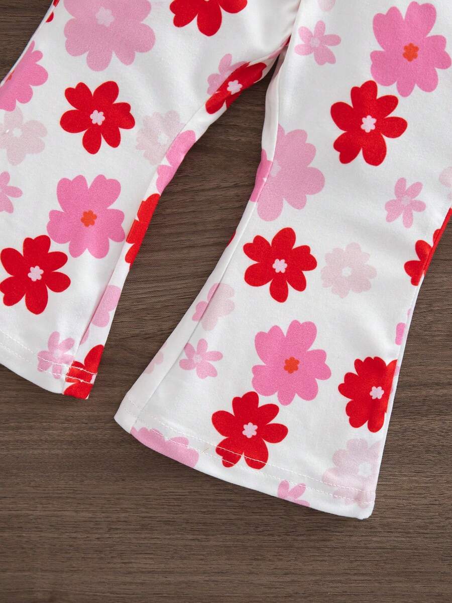 Heart Pattern Halter Top And Flared Pants Set For Baby Girls Valentine Outfit